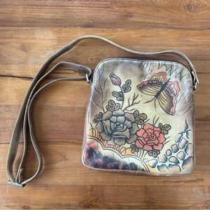Biacci Brown Handpainted Floral Butterfly Leather Crossbody Bag Y2K